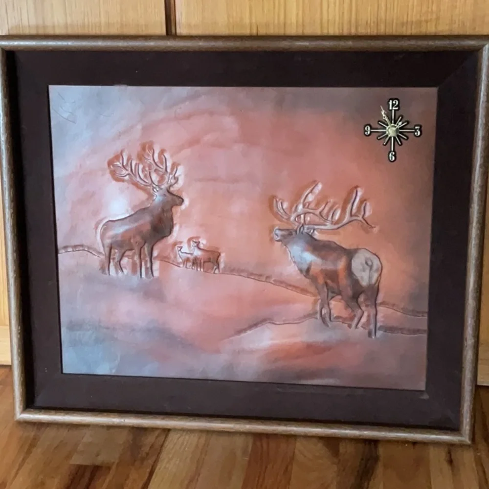 70’s Leather Tooled wall clock Bo-BEK, depicts a scene Elk Bucks 70’s Deer Elk